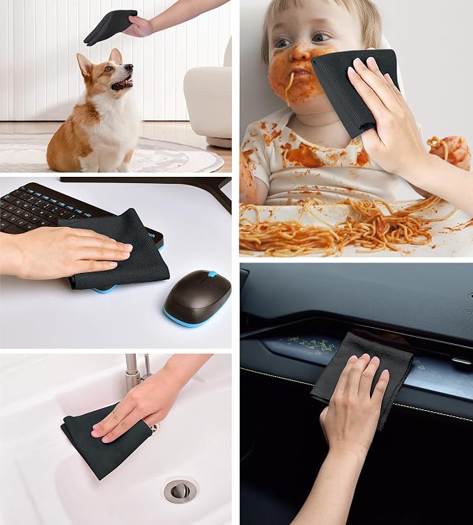 KitchLife Microfiber Cleaning Cloth Roll - Tear-Away Reusable Microfiber Paper Towels, Lint-Free, Washable, 20 Sheets for Kitchen, Car, Dishes, and Sensitive Surfaces (Black)