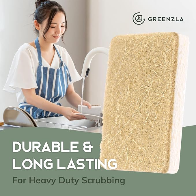 GREENZLA 6 Pack Kitchen Sponges | Non-Scratch Hemp & Sisal | Dual-sided: scrubbing + absorbent cellulose | Odor-resistant | Biodegradable | Dishes, sinks & bathtubs