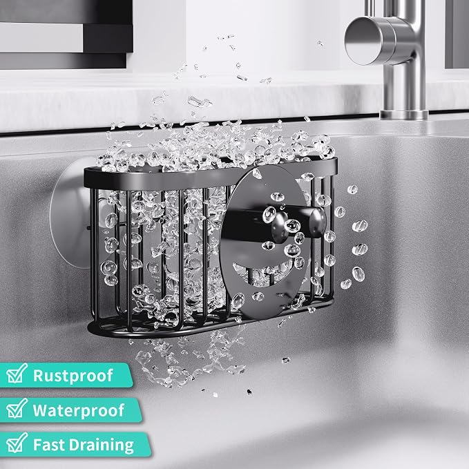 HapiRm Sink Caddy Sponge Holder - 2 Installation Ways Kitchen Sink Organizer with Smiley Face Sponge Holder, Stainless Steel Kitchen Caddy - Black