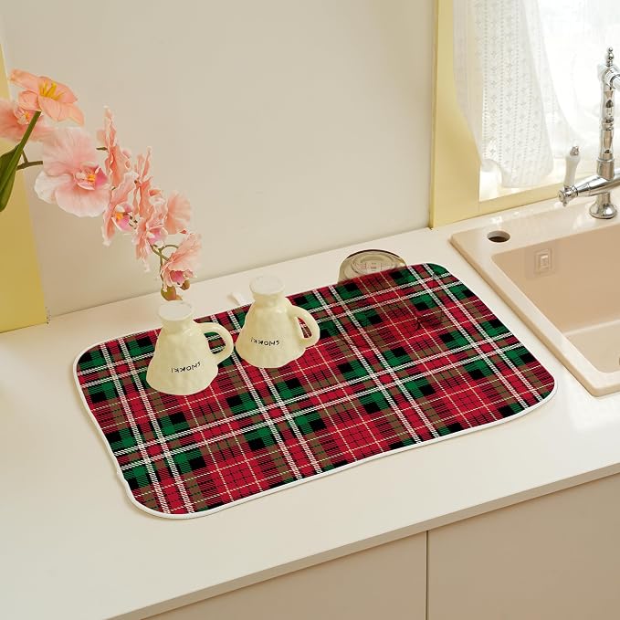 Christmas Drying Mat 18x24 Inches For Kitchen Counter Winter Red Green Buffalo Plaid Kitchen Decoration Drying Mat Decorative Pad for Kitchen Dining Room Decor