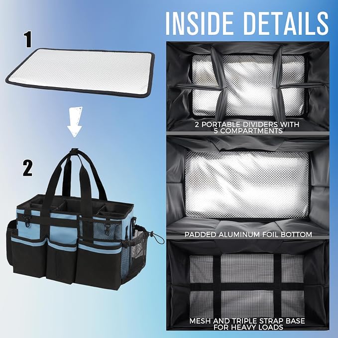 SCAVATA Wearable Cleaning Caddy, Cleaning Caddy Supplies Organizer with Handle & Shoulder Straps for Housekeepers, Under Sink & Car Cleaning Tool Organizers Bag with 4 Foldable Divider (Blue)