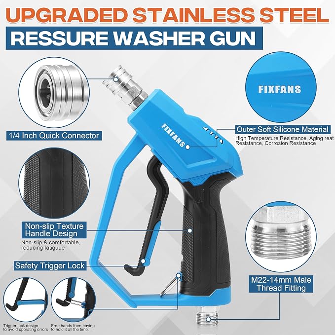 FIXFANS Pressure Washer Gun with Mini Foam Cannon, Dual Connector Accessory | Car Wash Foam Gun Kit - No-Dilution Foam Cannon Pro, 5 Power Washer Nozzle Tips & M22 Adapter, 1/4" Quick Connect
