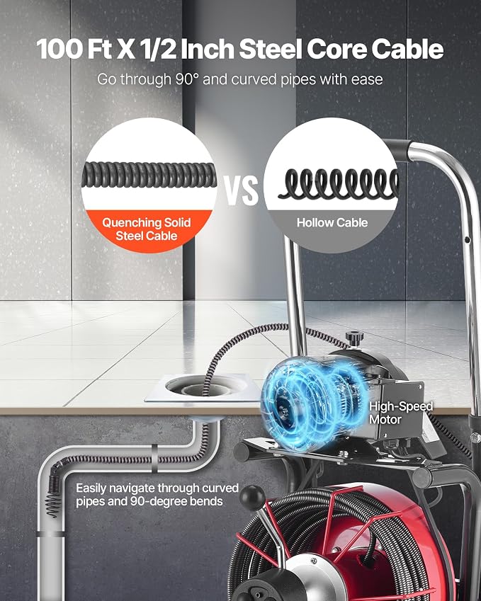 VEVOR Drain Cleaner Machine 100 FT x 1/2 Inch Auto Feed Sewer Snake Auger | Portable on Wheels, with 8 Cutters &, Air-Activated Foot Switch, Fits 2" to 6" Pipes