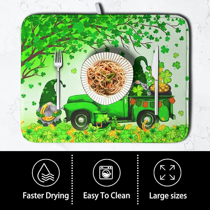 St Patrick's Day Shamrock Dish Drying Mat for Kitchen Counter Green Gnome Truck Dish Dry Mat St Patrick Spring Drying Mats Microfiber Absorbent Dish Drainer Rack Mat Large 18x24 Inch