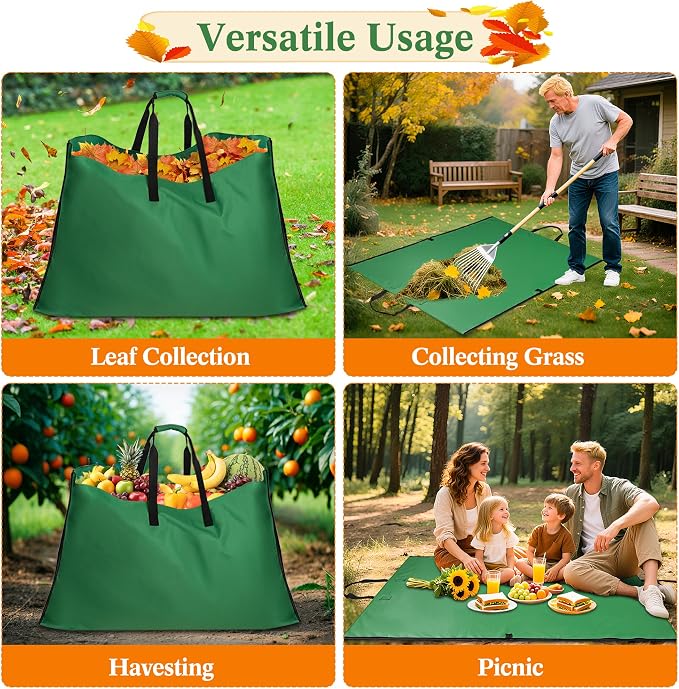 Leaf Bag for Collecting Leaves, 600D Oxford Cloth Collapsible Reusable Garden Yard Waste Tarp Container with Padded Handle 2 in 1 Leaf Collector Storage Bags Heavy Duty Leaf Tarp, 48" x 72"