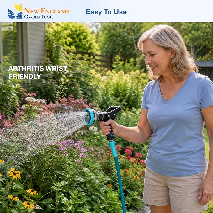 Heavy Duty Metal Fireman’s Hose Nozzle 500003, 10-Pattern Hose Sprayer with Lever Control & Comfort Grip, High Flow Design, by New England Garden Tools, for Watering Plants, Yards, Washing Cars & Pets