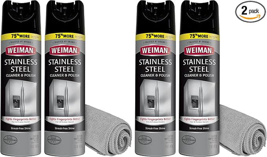Weiman Stainless Steel Cleaner & Polish Streak-Free Shine - For Refrigerators, Oven, Dishwasher, Stove - 4 Pack Aerosol Spray with Microfiber Cloth Included