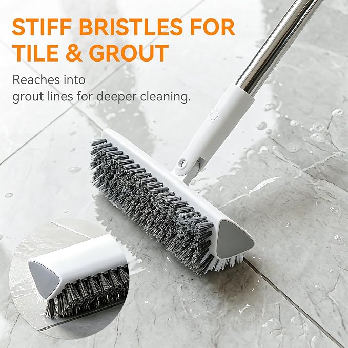 Scrub Brush with Long Handle, Extends to 55 in, Pivoting Triangle Head | Dual-direction stiff bristles work on push and pull strokes for bathtub, shower, tile, grout, patio and concrete