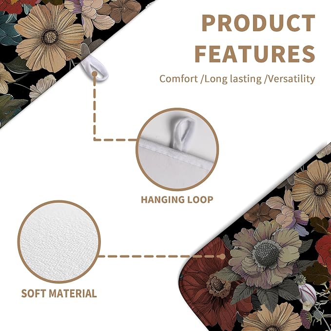 Spring Boho Floral Dish Drying Mats Spring Summer Vintage Flowers Dish Mat Farmhouse Drying Matt Dishes Dryer Pad for Kitchen Counter Absorbent Microfiber Washable Foldable Reusable 18x24 in