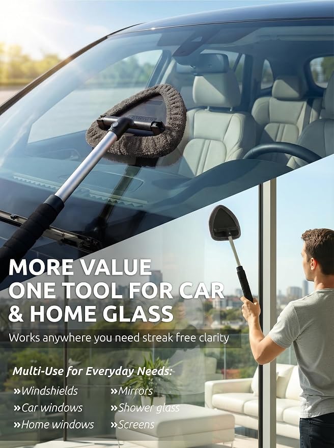 TAKAVU Window & Windshield Cleaner, Extendable, 3 Microfiber Pads (Grey) | Pivoting Triangle Head Wiper Cleans Interior & Exterior Glass, 3 Washable Reusable Bonnets, Lint-Free