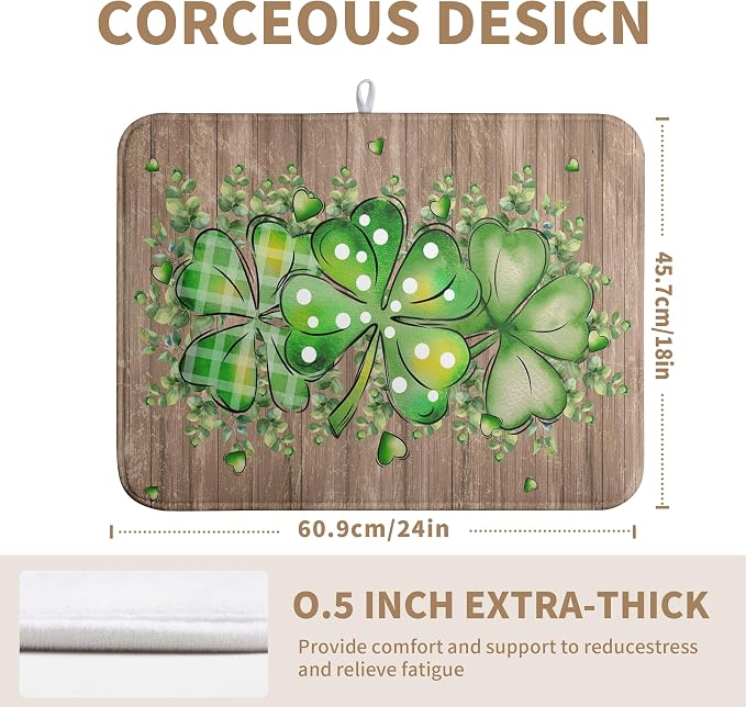 St Patricks Day Wooden Plank Texture Shamrock Dish Drying Mat St Patrick Eucalyptus Leaves Clover Dish Drying Pad for Kitchen Counter Absorbent Microfiber Dishes Drainer Rack Mats 18x24 Inch