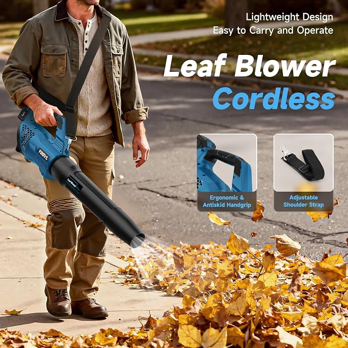Leaf Blower Cordless, 650CFM Electric Leaf Blowers with 2 x 5.2Ah Batteries and Charger, 3 Speed Modes, 1 x Adjustable Shoulder Strap, Powerful Blowers for Lawn Care, Patio, Dust, Blowing Leaves