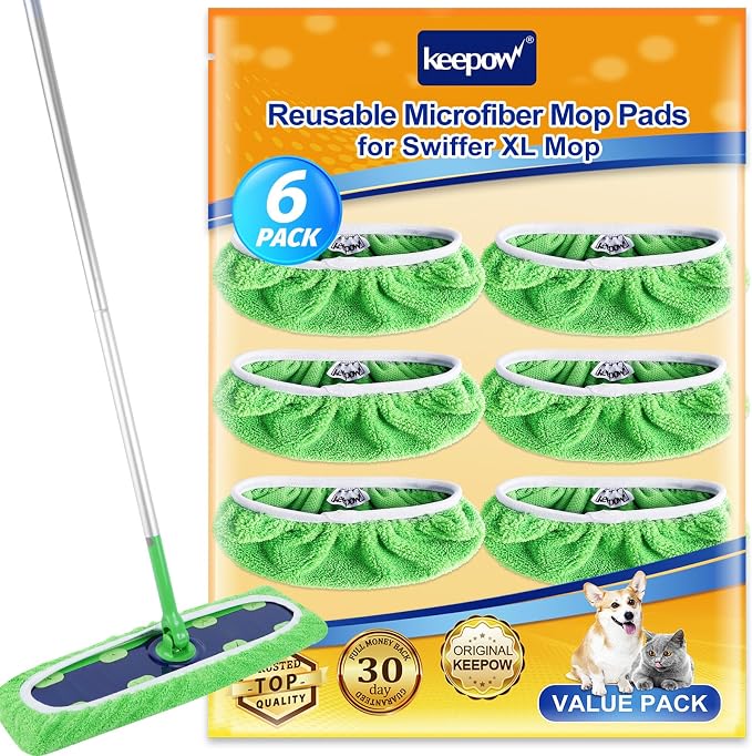 KEEPOW Reusable Mop Refill Pads Replacement Compatible with Swiffer Wet Pads Refill XL Size, XL Mop, Dry Sweeping Cloths for Hardwood Floor Cleaning, 6 Pack
