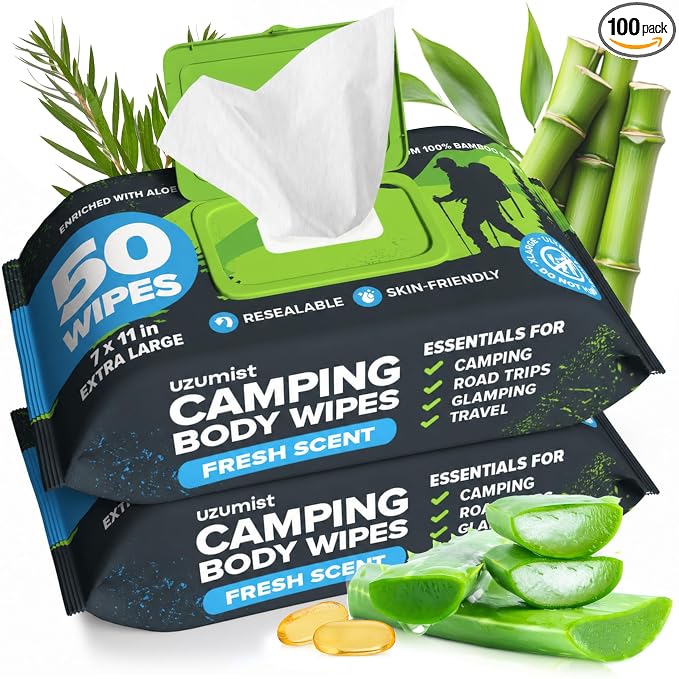 Camping Essentials - Body Wipes for Camping Adults Bathing No Rinse - 100 XL Deodorant Bathing Shower Wipes For Men Women - Personal Hygiene Cleansing Cloth with Aloe - Camping Accessories Supplies