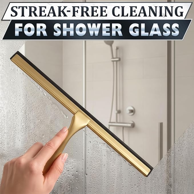 Gold Squeegee for Shower Glass, 14" Silicone Blade, Stainless Steel | Shower Door Squeegee with Hook, Adhesive Mount; All-Purpose Bathroom Tile, Mirror, & Window Wiper for Streak-Free Cleaning
