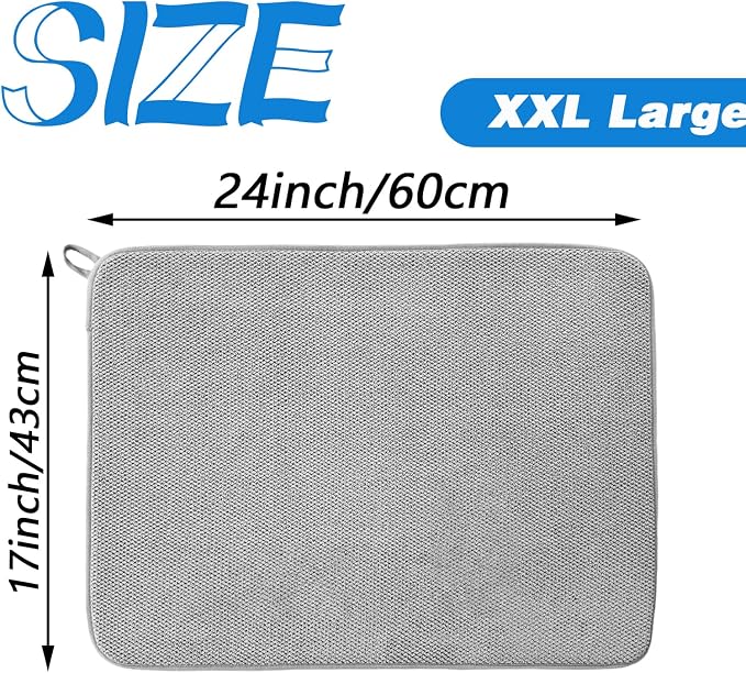 2 Pack Large Dish Drying Mat,24x17 Inch Absorbent Microfiber Dishes Drainer Mats,Dish Drying Pad for Countertops,Sinks,Draining Racks(Gray)