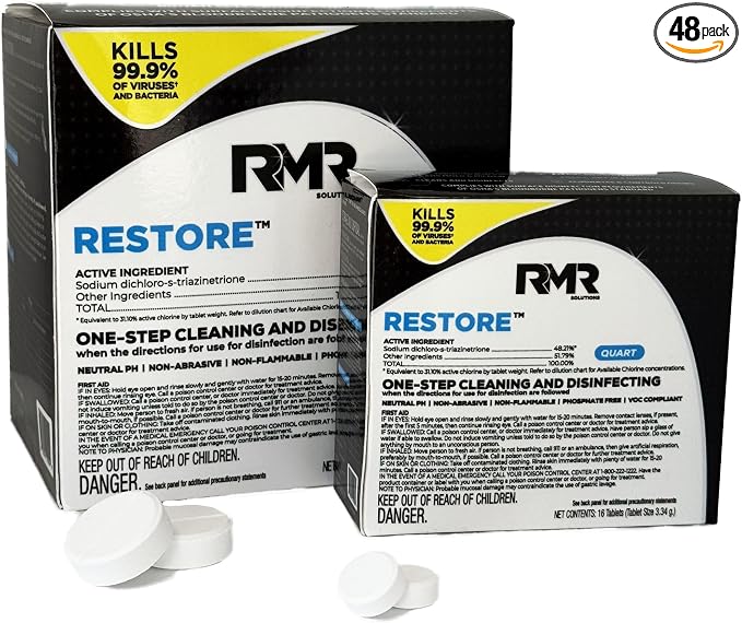 RMR Solutions RESTORE Disinfectant & Cleaner Concentrate, EPA Registered Mold Remover & Antibacterial Cleaning Solution for Kitchen, Bathroom, Floor, Home, Pet Areas, Counter, 13.1g, Makes 48 Gallons