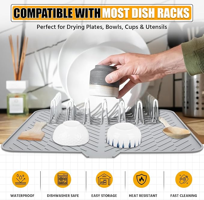Luxet Silicone Dish Drying Mat with Built-in Drain Lip - Hygienic Drying Pad - Sturdy Compact Easy to Clean Tray Protects Surfaces Prevents Water Build Up - 23 X 17 (Grey)