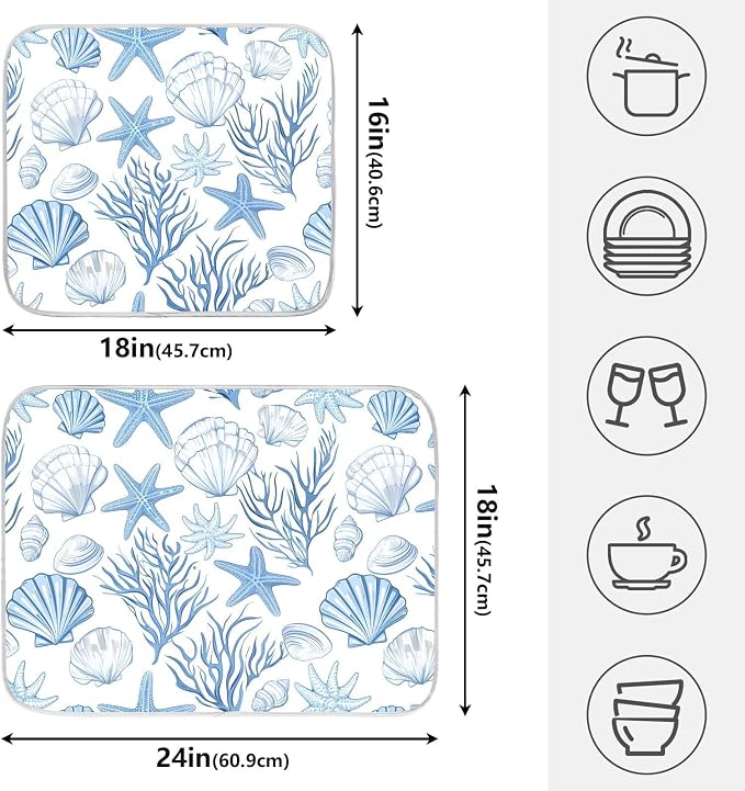 Nautical Coastal Dish Drying Mat for Kitchen Counter Absorbent Microfiber Large Summer Ocean Themed Seashell Coral Starfish Drying Pad Dish Mats for Kitchen Countertops 18 x 24 Inch