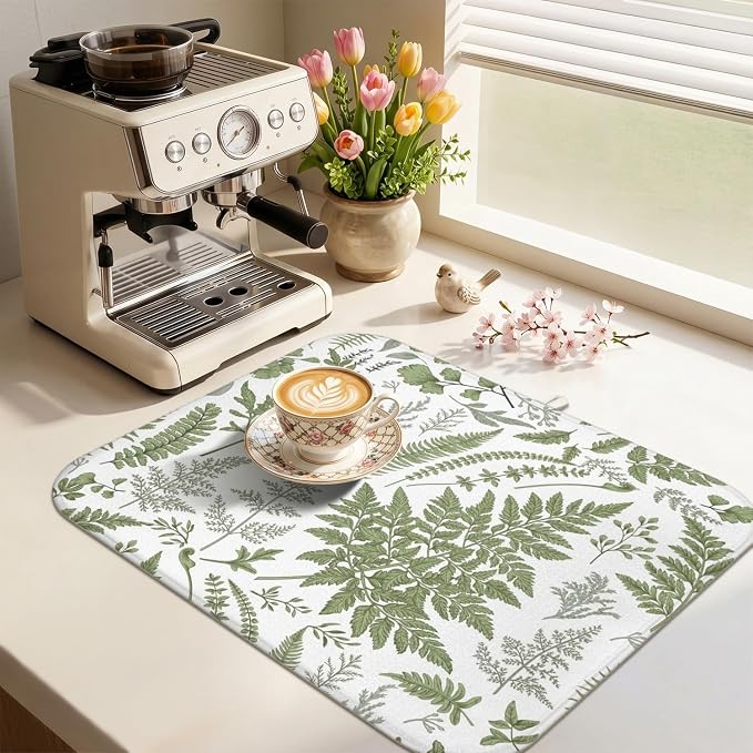 Boho Dish Drying Mat for Kitchen Counter,Botanical Fern Plant Floral Farmhouse Absorbent Microfiber Reusable Washable Non-Slip Dish Drainer Draining Mats Dishes Pad for Kitchen Decor 18x16 Inch
