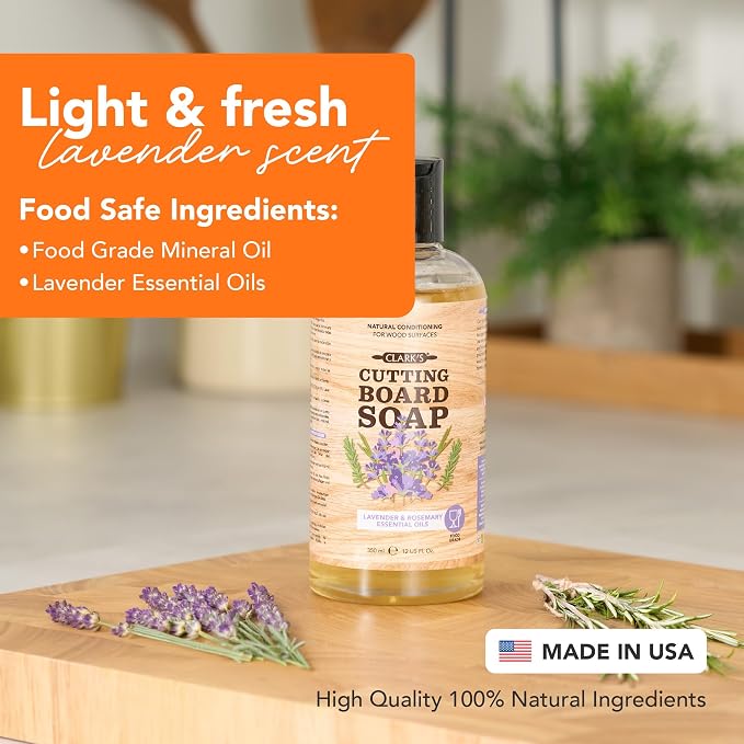 CLARK'S Cutting Board Organic Soap - Enriched with Lavender & Rosemary Oils - Cleaner for Butcher Block, Countertop and Utensils - Cleans and Restores Wood - Use Before Food Grade Mineral Oil
