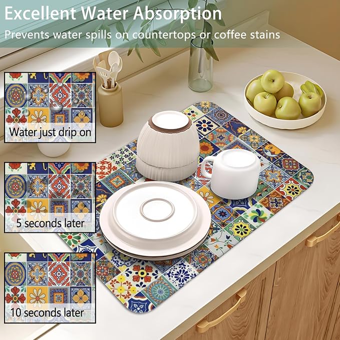 Dish Drying Mat 2-Pack with Talavera for Kitchen Counter Absorbent Dishes | Diatom Mud Mats (18x24, 19.5x12"). Non-slip rubber back for kitchen counter, coffee bar & sink scenes