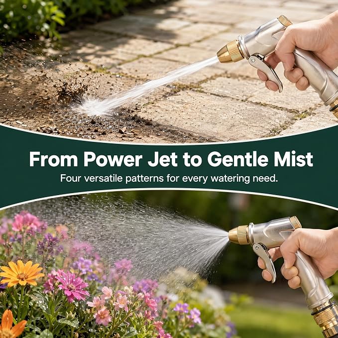 Metal Garden Hose Nozzle 4 Modes Leak Proof High Pressure Lawn Car | Zinc alloy nozzle, 4 spray modes, leak-proof. 250 PSI pressure for lawn, car, patio & pet cleaning; comfy ergonomic grip.