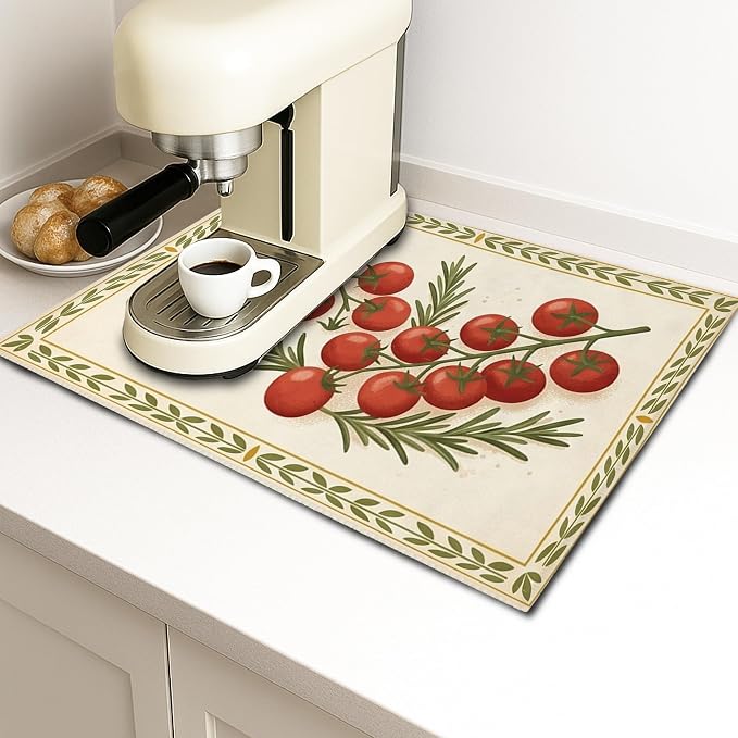 Tomatoes Herb Dish Drying Mats for Kitchen Counter, Rustic Red Tomatoes Absorbent Dish Drainer Rack Mat, Seasonal Farmhouse Microfiber Drying Pad for Kitchen Counter Decor 18x24 Inch