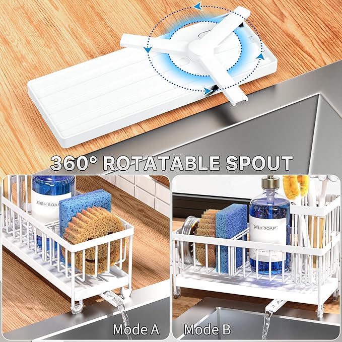 Cisily Sponge Holder for Kitchen Sink, Sink Caddy Organizer with High Brush Holder, Kitchen Countertop Organizers and Storage Essentials, Rustproof 304 Stainless Steel (White, 9.25″)