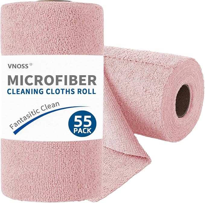 55 Pack Microfiber Cleaning Cloth Roll, Tear Away Reusable Towels, 11" X 9", Ultra Absorbent & Lint Free Cloth for Cars, Kitchen, Window, Home and Shop, Pink