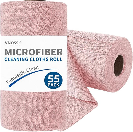 55 Pack Microfiber Cleaning Cloth Roll, Tear Away Reusable Towels, 11" X 9", Ultra Absorbent & Lint Free Cloth for Cars, Kitchen, Window, Home and Shop, Pink