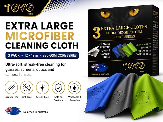 Extra Large Microfiber Cleaning Cloth – 3 Pack, 12"x12", 230 GSM Thick Lens Cleaner for Glasses, Camera & Screens, Ultra Soft, Streak-Free, Lint-Free, Scratch-Safe (Core Series)