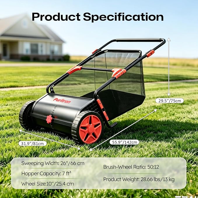 Push Lawn Sweeper, 26 Inch Leaf & Grass Collector, Strong Rubber Wheels & Heavy Duty Thickened Steel Durable to Use with Large Capacity 7 ft³ Mesh Collection Bag, 4 Spinning Brushes