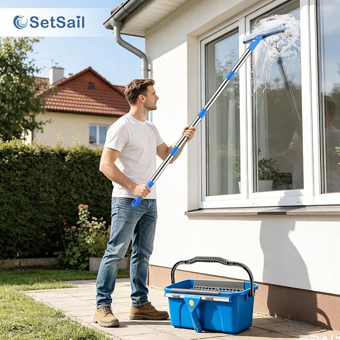 SetSail Window Cleaning Kit with Bucket 3 Gallon for Home Outdoor, Blue | Window Squeegee and Microfiber Scrubber, 64" Window Washing Kit, Professional Window Cleaner Tool for Commercial Car