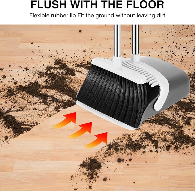 NACENA Broom and Dustpan Set, 52-in Long Adjustable Handle Broom Dustpan Combo with Dustpan Teeth to Automatically Clean Hair Suitable for Home Kitchen Office Hall Floor (Grey&White),3 Pack