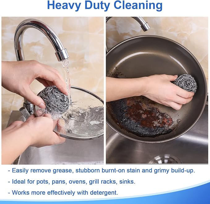 Steel Wool Scrubbers, 12 Pack, 23g/Pack, Especially for Tough Cleaning | Premium Stainless Steel Scrubbers, Metal Scouring Pads, Heavy Duty Cleaning Supplies for Pans, Pots, Ovens, Grills, Sinks