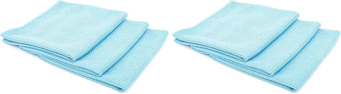 The Rag Company - Standard Waffle Weave Towels, Microfiber Detailing, Window/Glass and Drying, Wax & Polish, Lint-Free, Streak-Free, 370gsm, 16in x 16in, Light Blue (6-Pack)