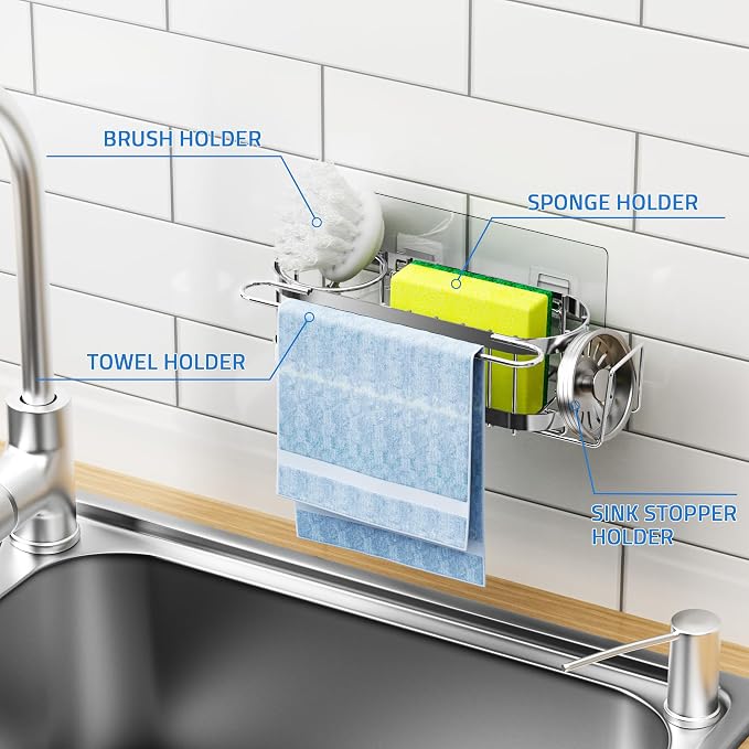Cisily Kitchen Sink Caddy Sponge Holder in The Sink, Stainless Steel Kitchen Sink Organizer, Brush Holder, Dish Cloth Hanger, Sink Stopper Holder (Hanging-Silver)