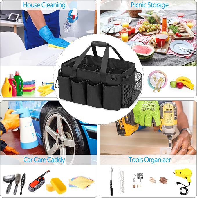 HODRANT Extra-Large Cleaning Caddy with Handles & Multi Pockets | Large Capacity Tote Bag for Cleaning Tools & Products Storage, Cleaner Organizer for Car, Home & Housekeeping Work, Black