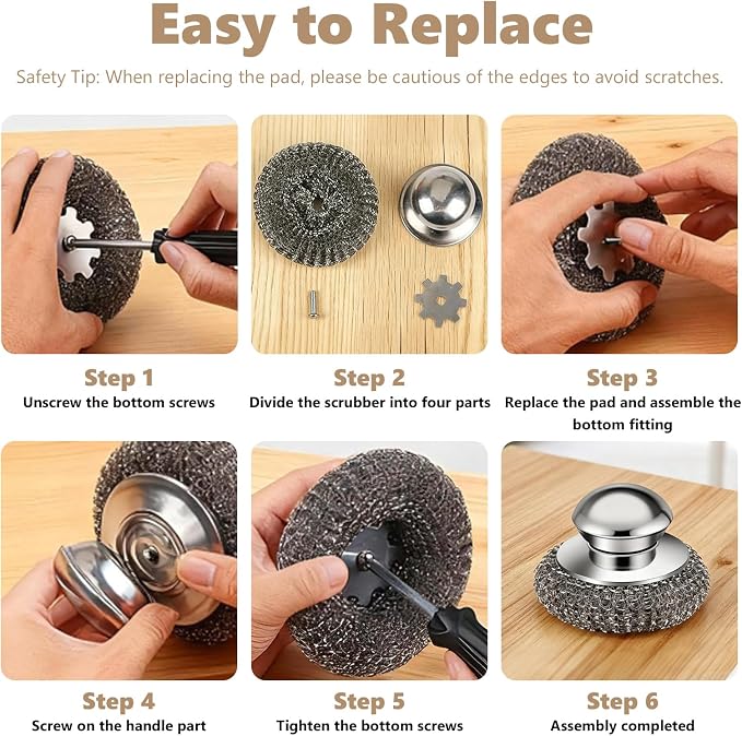 Steel Wool Scrubber, 4-Pack Stainless Steel Scrubber Pads with Handle - The Ultimate Scouring Solution for Rust, Stubborn Messes on Cookware, Grill, Oven & Kitchen Sinks