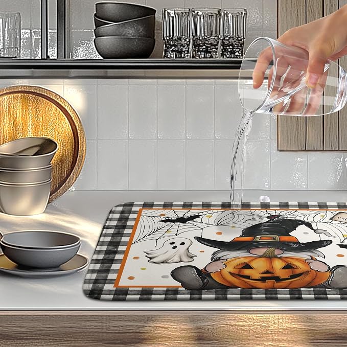 Halloween Gnomes Dish Drying Mat Bats Pumpkins Large Kitchen Mats Dish Drying Pad Buffalo Plaid Absorbent Dish Dryer Mat for Kitchen Countertops Microfiber Drainer Pad Dish Drying Mats (18x24 in)