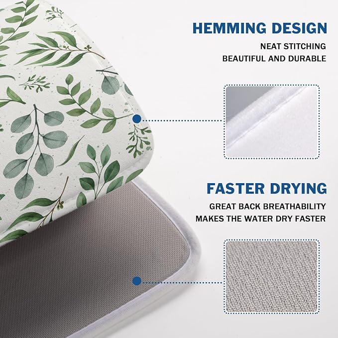Kawani Sage Green Dish Drying Mat 18x24 In Absorbent Reversible Eucalyptus Leaves Plant Drying Mat Green Plant Dish Drying Rack Mat Spring Summer Themed Dish Drainer Mat for Kitchen Counter Coffee Bar