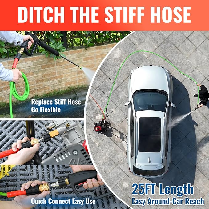 YAMATIC Super Flexible Pressure Washer Hose 25FT for Power Washer Replacement, Kink Resistant Extension With Leak-Free M22-14mm Female & 3/8" Quick Connect Adapters, 1/4" 3200 PSI, Green