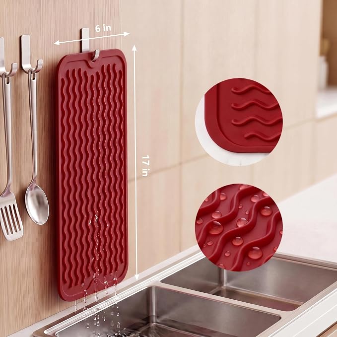 MicoYang Silicone Dish Drying Mat for Multiple Usage,Easy clean,Eco-friendly,Heat-resistant Silicone Mat for Kitchen Counter,Sink,Bar,Bottle,or Cup Red M 17 inches x 6 inches