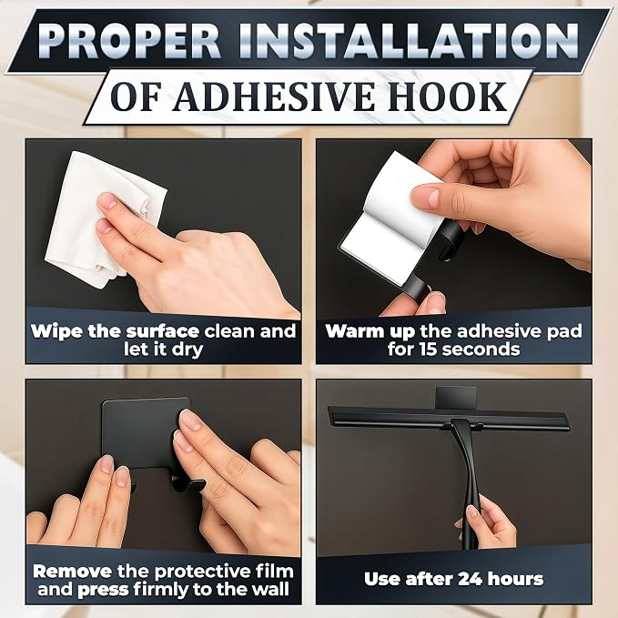Black Squeegee for Shower Glass, 12" Silicone Blade, Stainless Steel | Shower Door Squeegee with Hook, Adhesive Mount; All-Purpose Bathroom Tile, Mirror, & Window Wiper for Streak-Free Cleaning