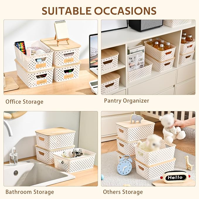 8 Pack Plastic Storage Bins with Bamboo Lids - Stackable Storage Baskets with Handle for Pantry Organizer and Storage, Plastic Containers Bins Lidded Storage Bins for Classroom Office Shelves