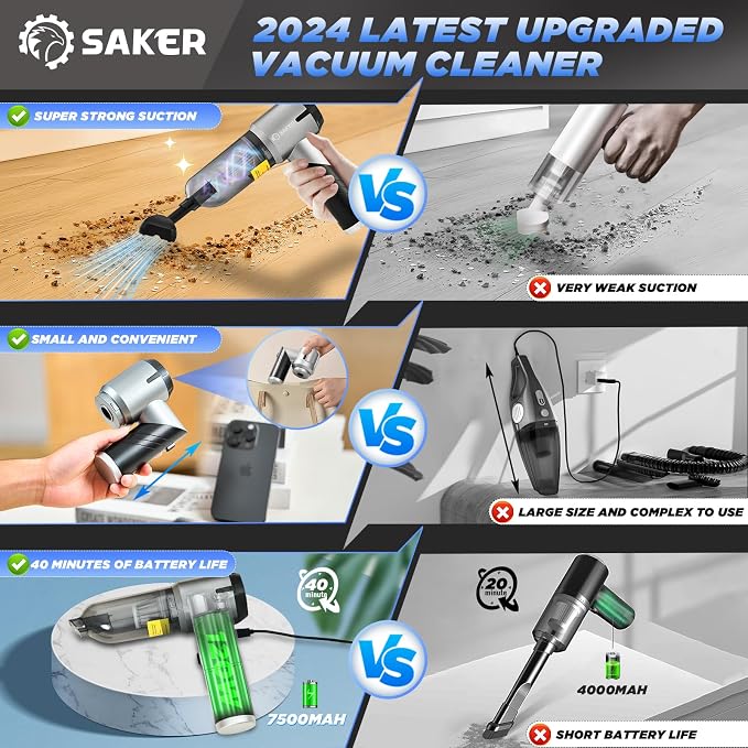Saker Handheld Car Vacuum Portable Cordless17000PA Mini Air Duster Blower Rechargeable Foldable Vacuum Cleaner with Brushless Motor for Home, Office Pet HL132 Black | Mini Car Vacuum with Brushless Motor,Air Duster Blower,Rechargeable Foldable Vacuum C...