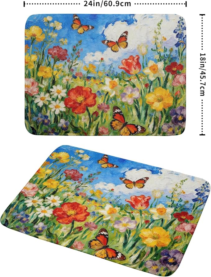 Cute Floral Dish Drying Mat for Kitchen Counter 18x24, Spring Summer Decorative Absorbent Reversible Microfiber Kitchen Countertop Protector Dishes Drainer Pad, Watercolor Flower Butterfly
