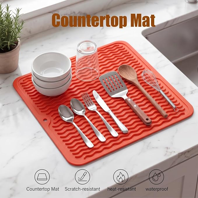 MicoYang Silicone Dish Drying Mat for Multiple Usage,Easy clean,Eco-friendly,Heat-resistant Silicone Mat for Kitchen Counter or Sink,Refrigerator or Drawer liner Orange M 12 inches x 12 inches