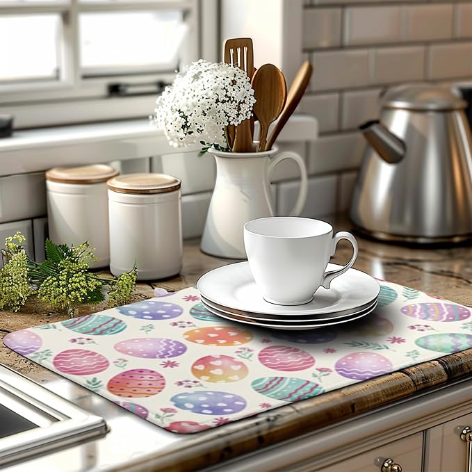 Easter Dish Drying Mat for Kitchen Counter Easter Spring Colorful Eggs Floral Drying Mats Absorbent Reversible Microfiber Washable Draining Pad Washable Dry Mat 18x24 Inch